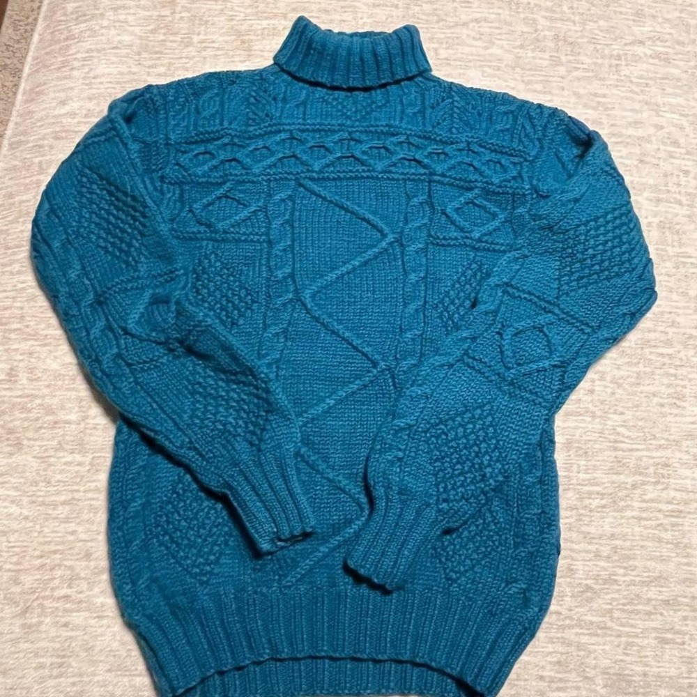 Preswick & Moore Hand Knit 100% Wool Sweater Teal Cable‎ Knit Turtleneck Women's